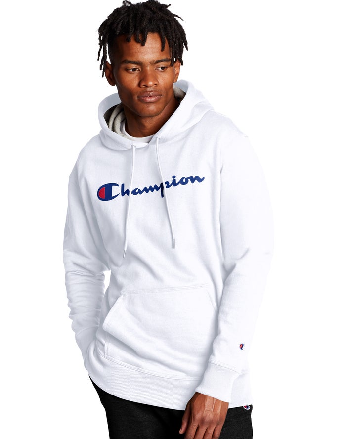 Champion Powerblend Script Logo Erkek Kapşonlu Sweatshirt Beyaz ( WHZVLT952 )